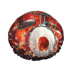 Rock Drum Fire Flame Skull Skeleton Duschhauben DoubleBath Hut für Frauen zum Abdecken langer und dicker Haare Wiederverwendbare wasserdichte Motorhaube von FJQWKLF