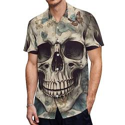 Totenkopf auf Blumenhintergrund, lustige Herren-Casual-Button-Down-Kurzarmhemden, schnell trocknende, lustige Party-Hemden von FJQWKLF