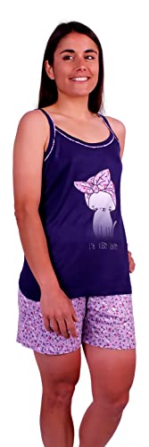 FLASHPIJAMAS. Mit leuchtenden Farben bedruckter Damenpyjama, bestehend aus 2 Teilen (Tanktop und Shorts). Perfekt für den Sommer. Modell Navy von FLASHPIJAMAS