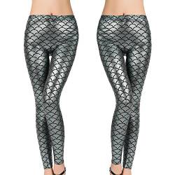 FLAVES FASHION Metallic-Leggings mit Meerjungfrauen-Fischschuppen-Druck, Stretch-Hose, silber, 42-44 von FLAVES FASHION