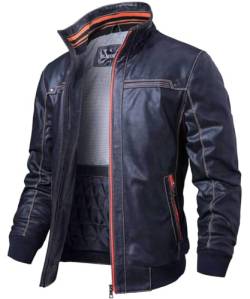 FLAVOR Herren Echtes Leder Lederjacke Stehkragen Jacken (M, Blau) von FLAVOR