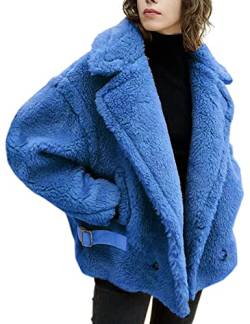 FLAVOR Woll-Teddymantel für Damen Übergroße Motorrad-Lammfelljacke mit Fell Fuzzy (Large, Blau) von FLAVOR