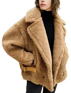 FLAVOR Woll-Teddymantel für Damen Übergroße Motorrad-Lammfelljacke mit Fell Fuzzy (Large, Kamel) von FLAVOR