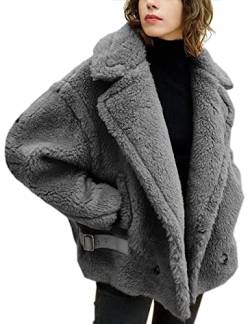 FLAVOR Woll-Teddymantel für Damen Übergroße Motorrad-Lammfelljacke mit Fell Fuzzy (Medium, Grau) von FLAVOR