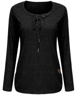 FLEASEE Damen Langarmshirt Rundhals Langarm Oberteile Longshirt Anker Allover Druck mit Kordeln Elegant Bluse Tops, Schwarz-Uni, M von FLEASEE