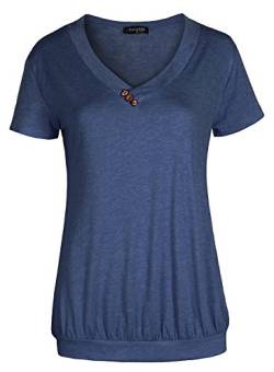 FLEASEE Damen T-Shirt Lässig Kurzarm Basic Tee V-Ausschnitt Shirts Stretch Falten Tunika mit Knöpfen Allover Minimal Druck Sommer Oberteile Tops, Dunkelblau, S von FLEASEE