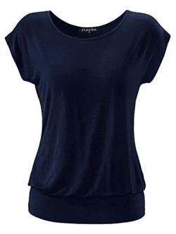 Fleasee Damen T-Shirt Kurz Ärmel Bluse Stretch Lässig Tunika Allover Druck Oberteile Top L Dunkel Blau von FLEASEE