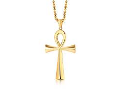 FLHEART Edelstahl Ankh Kreuz Halskette | ägyptische einfache Ankh Kreuz Anhänger Schlüssel des Lebens Symbol spirituellen Schmuck für ihn ihr, mit Kette,18K Vergoldet von FLHEART