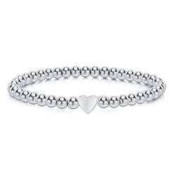 FLHEART Herz Armband Silber Damen Edelstahl - Freundschaftsarmband Silberarmband 5MM Kugelarmband, Elastische Silber Armbänder mit Herz Charm, Geburtstag Geschenke Schmuck für Frauen Mädchen Freundin von FLHEART