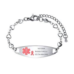 FLHEART Medizinischer Alarm Armbänder Damen : Edelstahl Mode zartes Herz Kette Krebs Bewusstsein Symbol frei Gravur medizinische ID Armband für Frauen Mädchen, wasserdicht & einstellbar von FLHEART