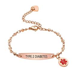 FLHEART Medizinischer Alarm Armbänder Damen : Edelstahl Mode zartes Herz Kette kostenlose Gravur medizinische ID Armband für Frauen Mädchen, 18K Roségold, wasserdicht & einstellbar von FLHEART