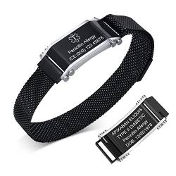 FLHEART Notfallarmband Medizinisches Armband Herren Personalisiert - Edelstahl Einstellbare Mesh Band Gravur Medizinische ID Notfall Armband für Männer, Schwarz Silber Medizinischer SOS Armband von FLHEART