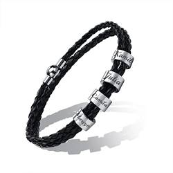 FLHEART Personalisierte Namen Perlen Armbänder - Benutzerdefinierte Unisex Dreifach Wrap Geflochtene Leder Armbänder Individuelles Initial Edelstahl Charm Armband, Gravur 2 Namen ID Armband von FLHEART