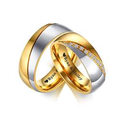 FLHEART Personalisierte Paar Eheringe für Sie und Ihn Kostenlose Gravur 2-Ton vergoldetem Edelstahl Kubisch Zirkoniumdioxid Versprechen Ring Set Valentinstag von FLHEART