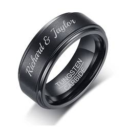 FLHEART Personalisierte Ringe Herren Wolfram Ring: Individuell Ring aus schwarzem Wolframkarbid Ehering Versprechen Ring Verlobung Ring für Ihn Ehemann Freund, 8mm Gravur Namen Ring von FLHEART