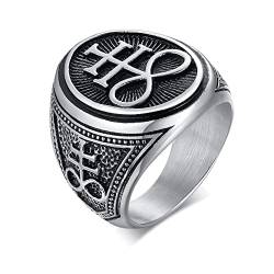 FLHEART Satanischer Siegelring Herren, Geschenke Edelstahl Siegel von Luzifer Symbol Punk Biker Ring für Mann Männer Kirche der Dämon Teufel Satan Ringe, Amulett Schmuck für Mann, Größe 64 (20.4) von FLHEART