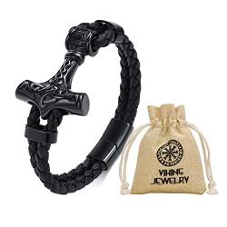 Herren Armband Wikinger Schmuck Geschenke - Echtes Geflochtenes Leder Armbänder Silber Nordisch Thors Hammer Mjolnir Armbänder mit Magnetverschluß, Amulett Nordischer Wikinger-Schmuck Geschenk von FLHEART