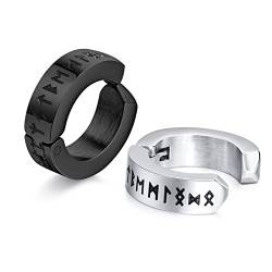 Nordischer Wikinger Hoop Ohrring Herren - Amulett Schutz Schmuck Geschenke Edelstahl Herren Non-Pierced Clip On Ohrringe Ohrstecker mit Nordic Elder Futhark Runen,Schwarz und Silber,1 Paar, von FLHEART