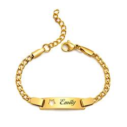 Personalisierte Kind ID Armbänder - 18K Gold plattiert Edelstahl benutzerdefinierte Name ID Platte Bar Armband für Kinder Kleinkind von Mama, eingraviert Kid Name für Tochter Sohn Mädchen Junge von FLHEART