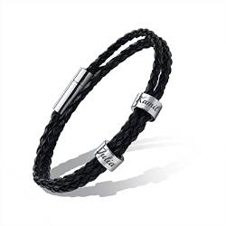 Personalisierte Namen Perlen Armbänder - Benutzerdefinierte Unisex Dreifach Wrap Geflochtene Leder Armbänder Individuelles Initial Edelstahl Charm Armband Für Familie Freund, Gravur 3 Namen ID Armband von FLHEART