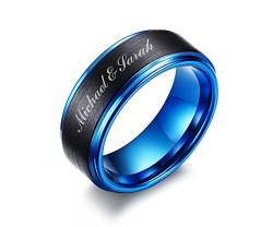 Personalisierte Ringe Herren Wolfram Ring: Individuell Ring 2-Ton Schwarz Blau Wolframkarbid Ehering Versprechen Ring Verlobung Ring für Ihn Ehemann Freund, 8mm Gravur Namen Ring,gebürstet Finish von FLHEART