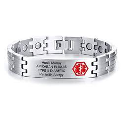 Personalisiertes Medizinisches Armband Herren - Individuell Edelstahl Männlich Uhrenarmband Medizinischer Alert Armband Personalisiert Medic ID Armbänder für Männer, Nicht für Schrittmacher,Silber von FLHEART