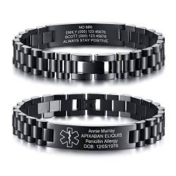 Personalisiertes Medizinisches Armband Herren: Kostenlose Gravur Edelstahl Männlich Uhrenarmband Stil Medizinischer Alert Armband Personalisiert Medic ID Armbänder Schmuck für Männer Damen,Schwarz von FLHEART