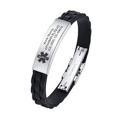 Personalisiertes Notfallarmband medizinisches Armband - Silikon Riemen Silber Edelstahl Medic Identifikationsarmband Kostenlose Gravur Notfall Gesundheit Informationen Armbänder für Damen Herren von FLHEART