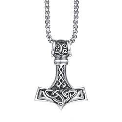 Thor's Hammer Halskette Herren - Edelstahl Mjolnir Thor's Hammer Runic Anhänger Viking Norse Halskette mit 24" Rolo Kette, Nordic Schutz Amulett Schmuck Geschenk für ihn,Silber von FLHEART