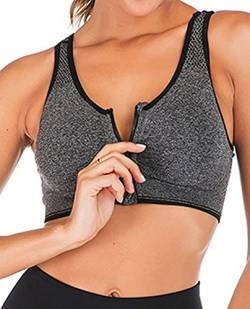 FLORATA Damen Reißverschluss vorne Sport BH Wireless Postchirurgie BH Racerback Yoga BHs, grau, Medium von FLORATA