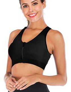 FLORATA Damen Reißverschluss vorne Sport BH Wireless Postchirurgie BH Racerback Yoga BHs, schwarz, Medium von FLORATA