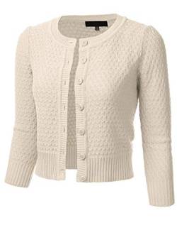 FLORIA Damen Strickjacke mit Knopfleiste und 3/4-Ärmeln, Rundhalsausschnitt, Baumwolle, gestrickt, Cropped Cardigan Sweater (S-3X), Fm3514_Hafer, X-Groß von FLORIA