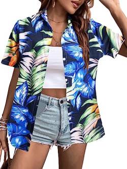 FLOYU Damen Hawaiihemd Tropical Button Down Outfits Hibiskus Blumen Blusen Strand Aloha V Ausschnitt Kurzarm Shirt, Blau, X-Groß von FLOYU