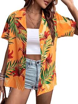 FLOYU Damen Hawaiihemd Tropical Button Down Outfits Hibiskus Blumen Blusen Strand Aloha V Ausschnitt Kurzarm Shirt, gelb, XX-Large von FLOYU