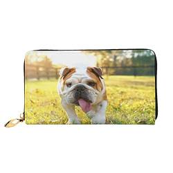 Cute Bulldog Puppy Damen Leder Geldbörse, große Kapazität, Kreditkartenhalter, Handy-Handgelenkschlaufe, Geldbörse (7,48 x 4,13), Schwarz, Einheitsgröße, Schwarz , Einheitsgröße von FLUQX