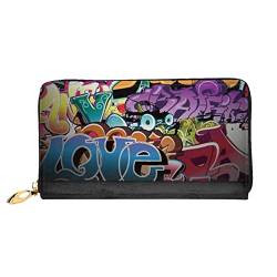 Graffiti Hip Hop Damen Leder Geldbörse, Große Kapazität Kreditkartenhalter Handy Handgelenkschlaufe Brieftasche (7,48 x 4,13), Schwarz, Einheitsgröße, Schwarz , Einheitsgröße von FLUQX