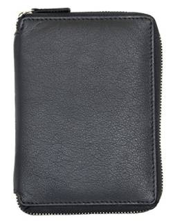 Reißverschluss Schwarzes Weichleder Tasche für Pass, Münzen, Bordkarte und Karten von FLW