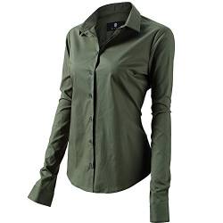 FLY HAWK Bluse Hemdbluse Damen Hemd Basic Kent-Kragen Elegant OL Work Slim Fit Langarm Stretch Formelle Hemden,Armee Grün, Größe 38, Hersteller - 10 von FLY HAWK