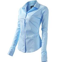 FLY HAWK Bluse Hemdbluse Damen Hemd Basic Kent-Kragen Elegant OL Work Slim Fit Langarm Stretch Formelle Hemden,Hellblau, Größe 36, Hersteller - 8 von FLY HAWK