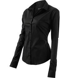 FLY HAWK Bluse Hemdbluse Damen Hemd Basic Kent-Kragen Elegant OL Work Slim Fit Langarm Stretch Formelle Hemden,Schwarz, Größe 34, Hersteller - 6 von FLY HAWK