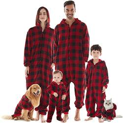 FLY HAWK Jumpsuit Familie Pyjama Set kuschelige Schlafoverall Nachtwäsche Flanell Onesie Anzug Herren Damen Pet Tier Anzug Einteiler Overall Winter Weihnachten Rotes Schwarzes Gitter - Haustier, 2XL von FLY HAWK