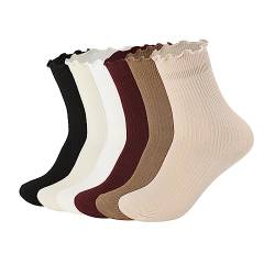 FLYDO Rüschensocken Frauen Baumwolle Socken Süße Weiße Socken für Frauen Mädchen Salat Rand Socken Frauen Rüschen Niedrige Socken 5-10er Pack, 6 Paar (rot & hellbraun & braun & weiß & beige & von FLYDO