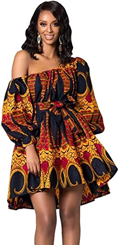 Damen Afrikanisches Langarm Schulterfrei Kleid Cocktail African Retro Rockabilly Sexy Einzelne Schulter Neck Blumen Drucken Rock von FLYFISH