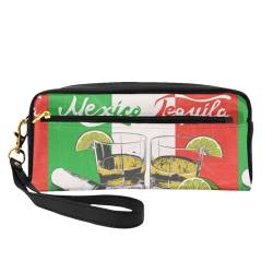 Tragbare Make-up-Tasche mit coolem Fußballdruck, PU-Leder, Reise-Kosmetiktasche, Federmäppchen für Mädchen und Frauen, Mexiko-Flagge und Tequila, Einheitsgröße von FLYIFE