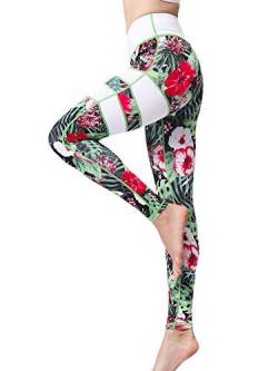 FLYILY Bedruckte Yogahose für Damen, hohe Taille, Fitnessstudio, Sport-Leggings, Bauchkontrolle, Laufen, Workout, Kompressionsstrumpfhose, Stretch-gemusterte Leggings, Greenleaf, L von FLYILY