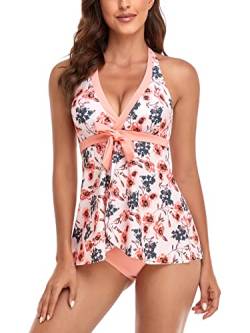 FLYILY Damen Badenanzug mit Slips Tankini Set Bauchweg Bademode Große Größen Zweiteiler Swimsuits(2-Pink,M) von FLYILY