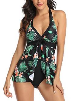 FLYILY Damen Badenanzug mit Slips Tankini Set Bauchweg Bademode Große Größen Zweiteiler Swimsuits,2-Schwarzblume,L von FLYILY