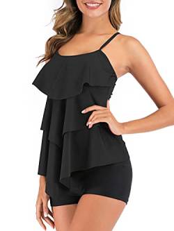 FLYILY Damen Bauchkontrolle Tankini Set Mit Adjustable Straps Soft Cup Rüschen Zweiteiliger Badeanzug High Taille Bademode(T-Black,3XL) von FLYILY