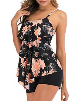 FLYILY Damen Bauchkontrolle Tankini Set Mit Adjustable Straps Soft Cup Rüschen Zweiteiliger Badeanzug High Taille Bademode(T-BlackFlower,3XL) von FLYILY