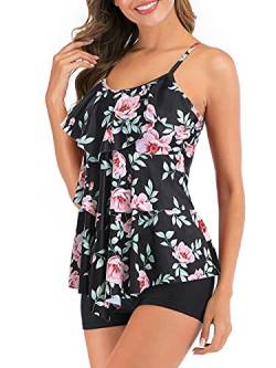 FLYILY Damen Bauchkontrolle Tankini Set Mit Adjustable Straps Soft Cup Rüschen Zweiteiliger Badeanzug High Taille Bademode(T-PinkFlower,3XL) von FLYILY